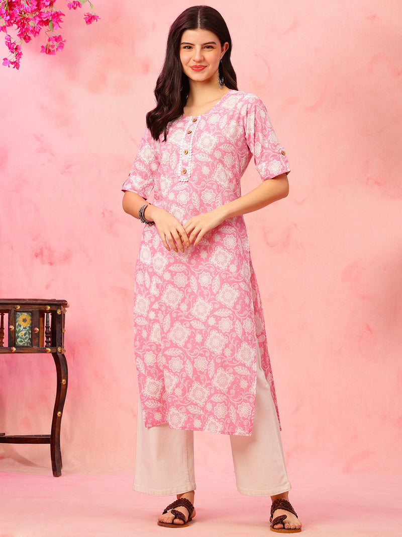 EthniFlair Floral Printed Round Neck Straight Kurta6