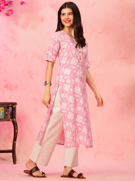 EthniFlair Floral Printed Round Neck Straight Kurta6
