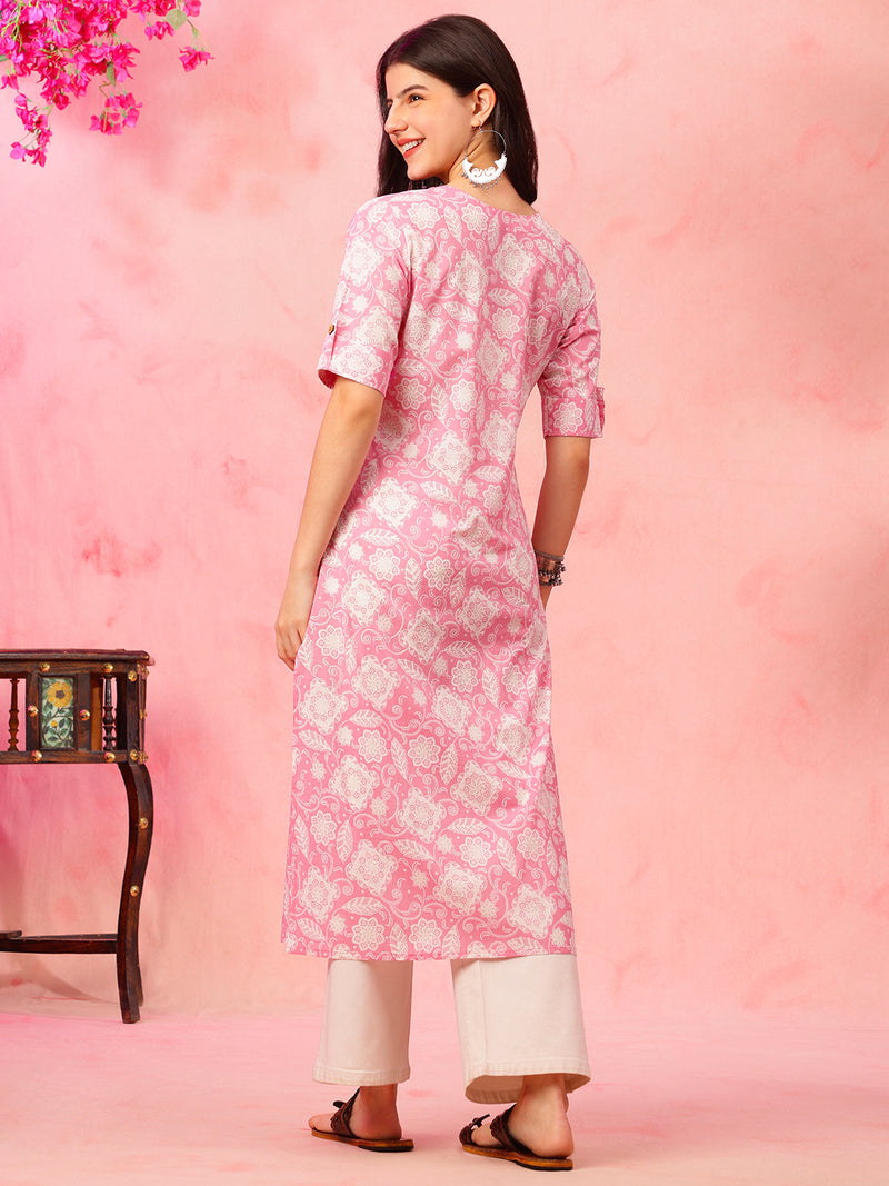 EthniFlair Floral Printed Round Neck Straight Kurta6
