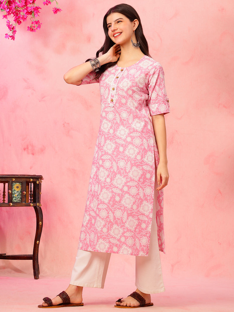 EthniFlair Floral Printed Round Neck Straight Kurta6