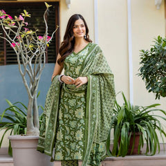 EthniFlair Women Cotton Lace Motifs Sleeveless Straight Kurta Pant Dupatta Set