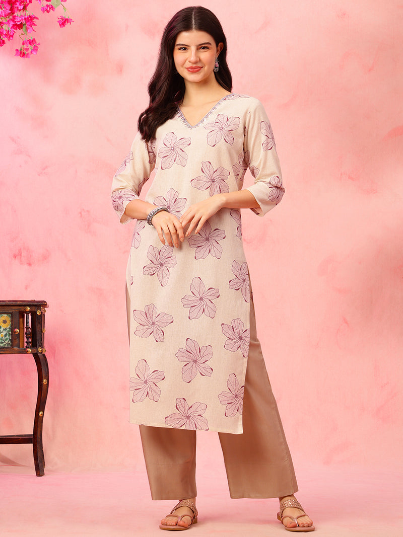 EthniFlair Floral Printed V-Neck Straight Kurta