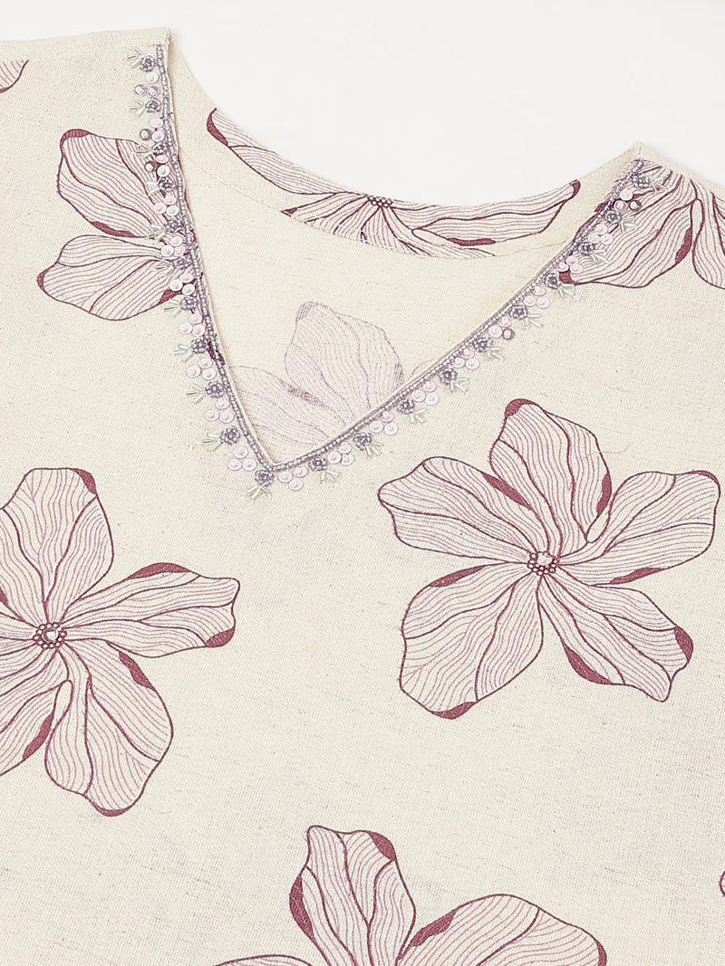 EthniFlair Floral Printed V-Neck Straight Kurta