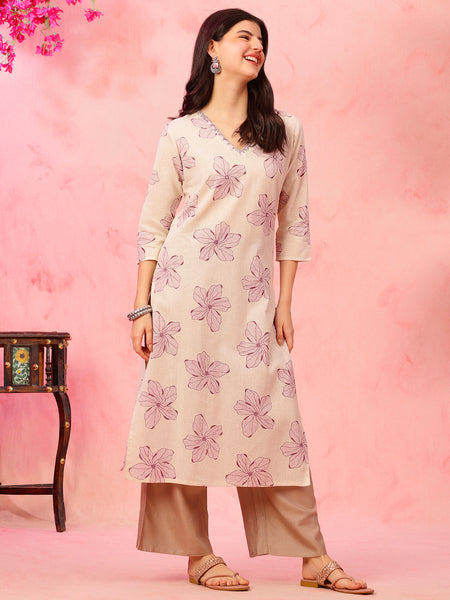 EthniFlair Floral Printed V-Neck Straight Kurta