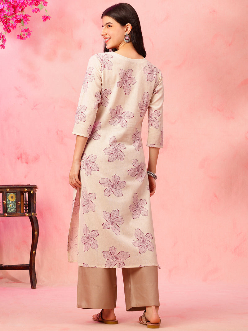 EthniFlair Floral Printed V-Neck Straight Kurta