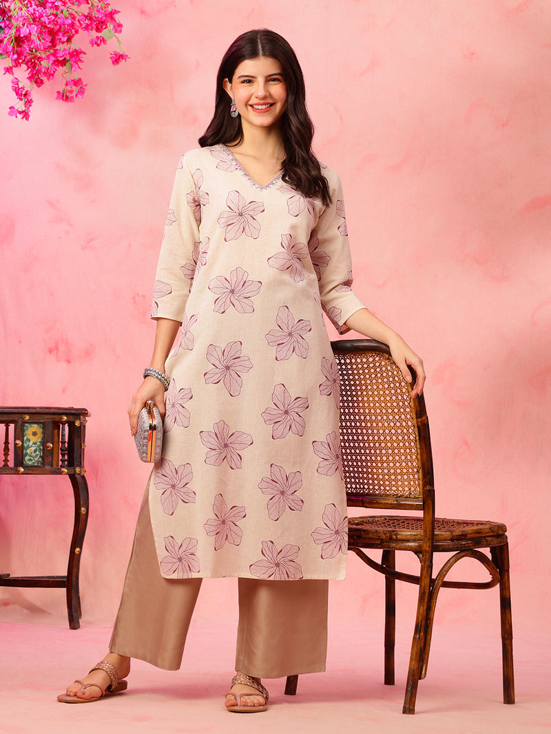 EthniFlair Floral Printed V-Neck Straight Kurta