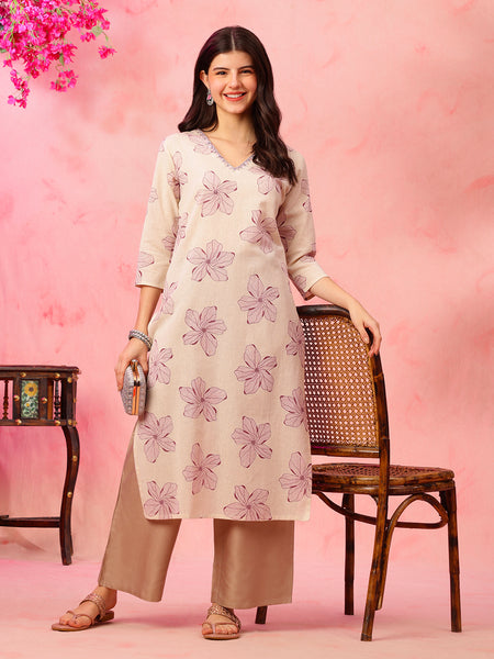 EthniFlair Floral Printed V-Neck Straight Kurta