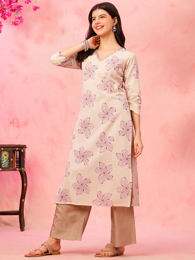 EthniFlair Floral Printed V-Neck Straight Kurta