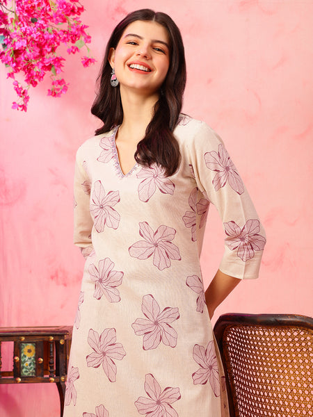 EthniFlair Floral Printed V-Neck Straight Kurta