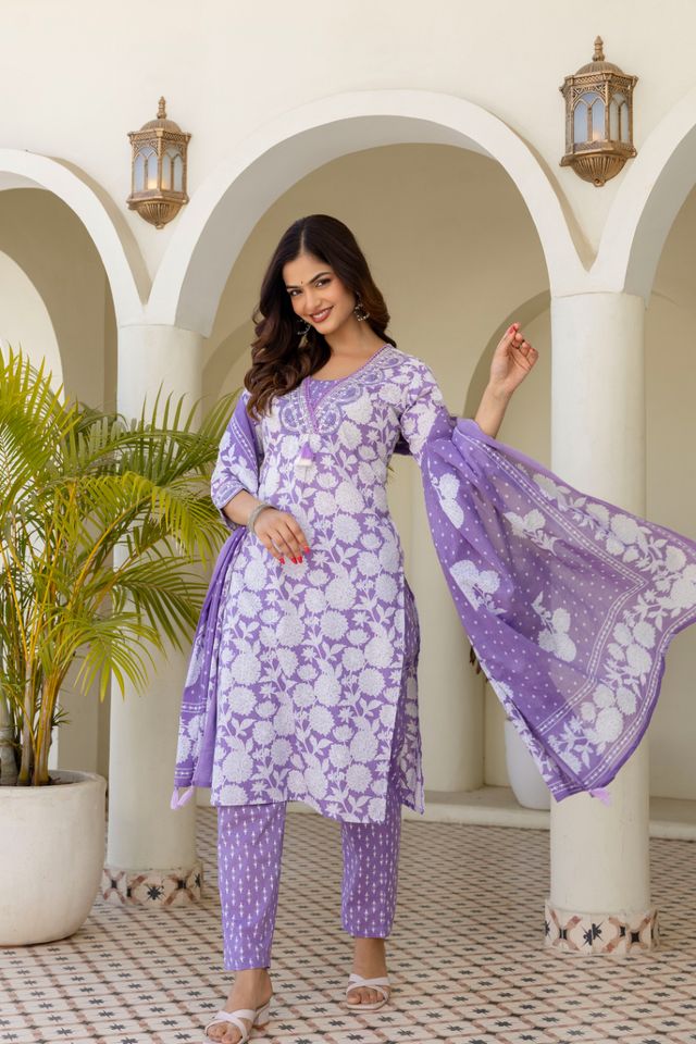 EthniFlair Women Cotton Pintucks detail Straight kurta Pant & Dupatta