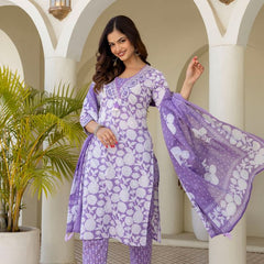 EthniFlair Women Cotton Pintucks detail Straight kurta Pant & Dupatta