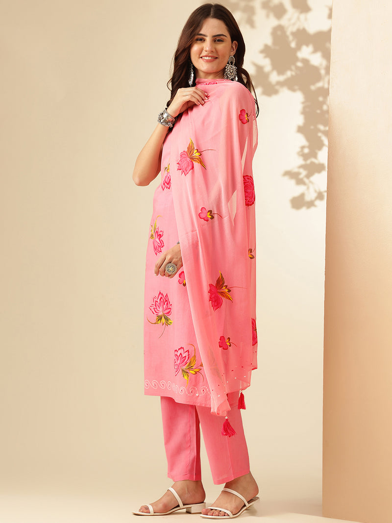 EthniFlair Floral Phulkari Kurti with Pyjamas & Dupatta