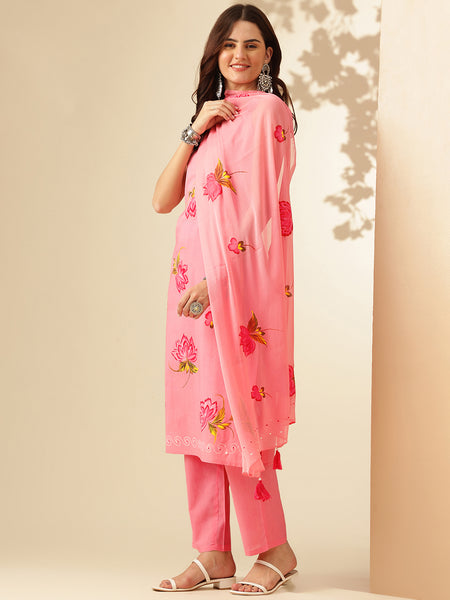 EthniFlair Floral Phulkari Kurti with Pyjamas & Dupatta