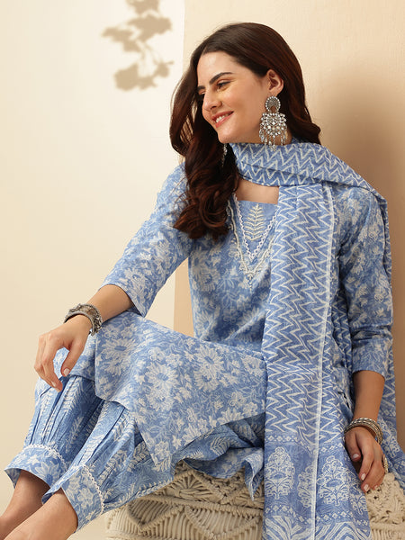 EthniFlair Floral Printed Embroidered Kurta with Patiala & Dupatta