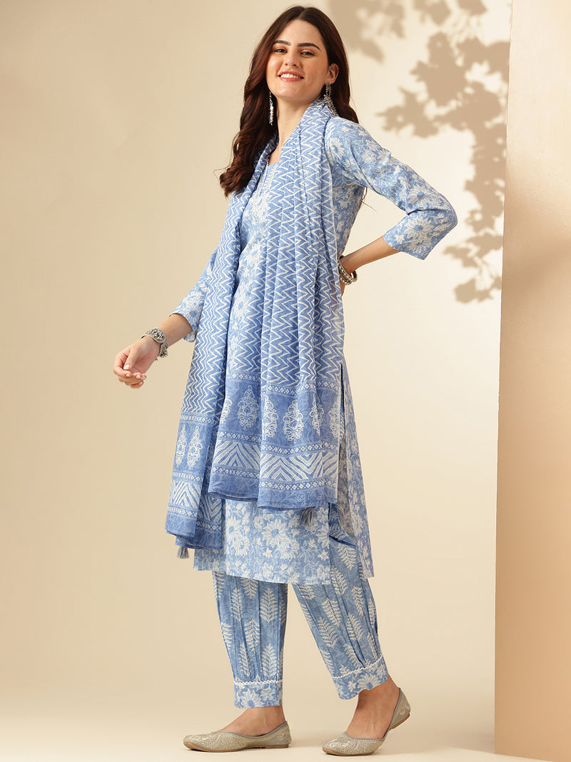 EthniFlair Floral Printed Embroidered Kurta with Patiala & Dupatta