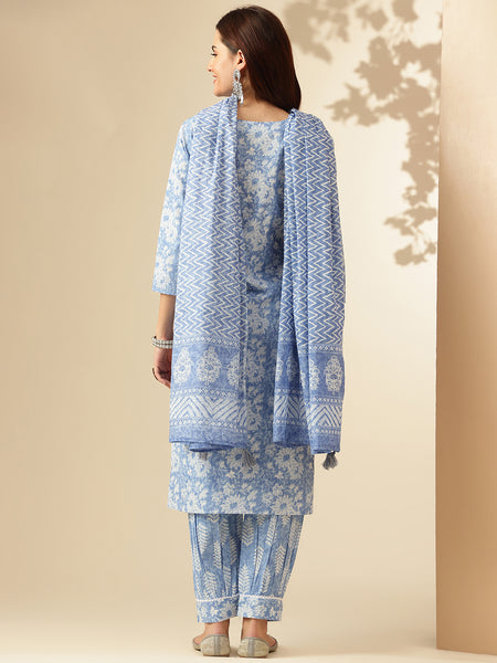 EthniFlair Floral Printed Embroidered Kurta with Patiala & Dupatta