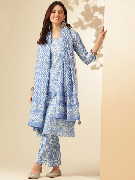 EthniFlair Floral Printed Embroidered Kurta with Patiala & Dupatta