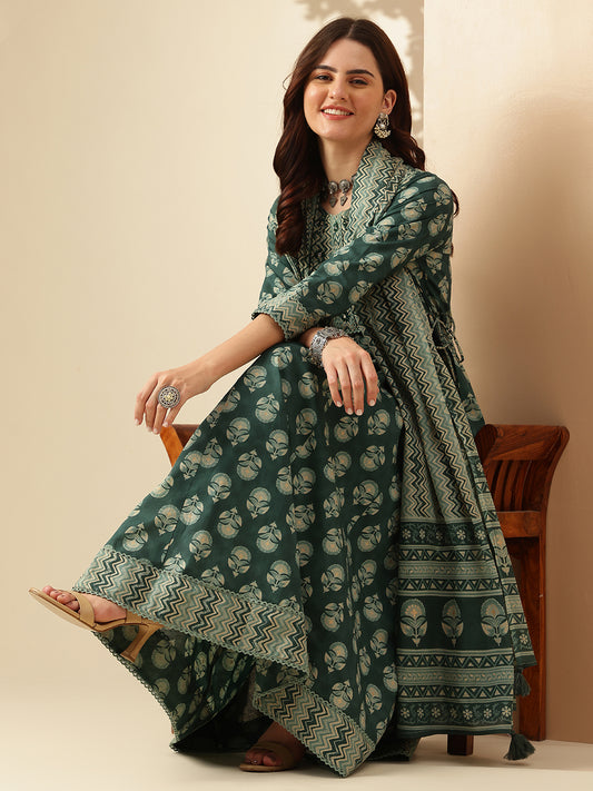 EthniFlair Women Floral Printed Regular Aari Work Pure Cotton Kurta with Trousers & With Dupatta