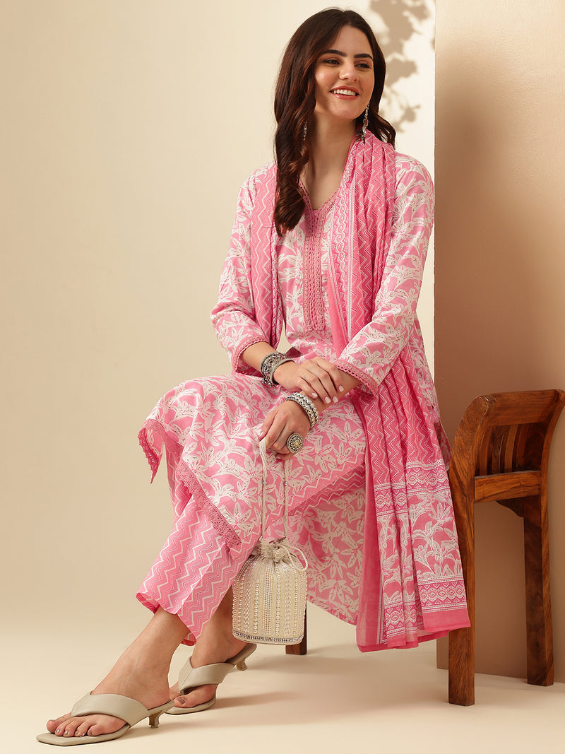 EthniFlair Floral Printed Thread Work Kurta with Trousers & Dupatta
