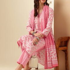 EthniFlair Floral Printed Thread Work Kurta with Trousers & Dupatta