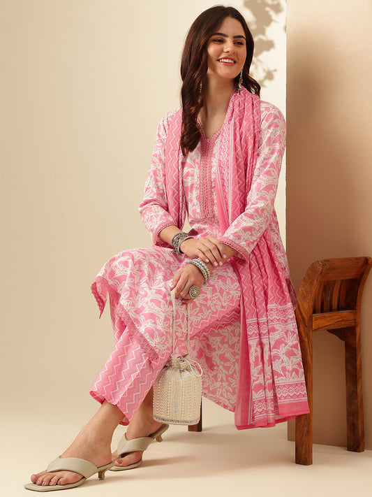 EthniFlair Women Floral Printed Regular Thread Work Pure Cotton Kurta with Trousers & With Dupatta