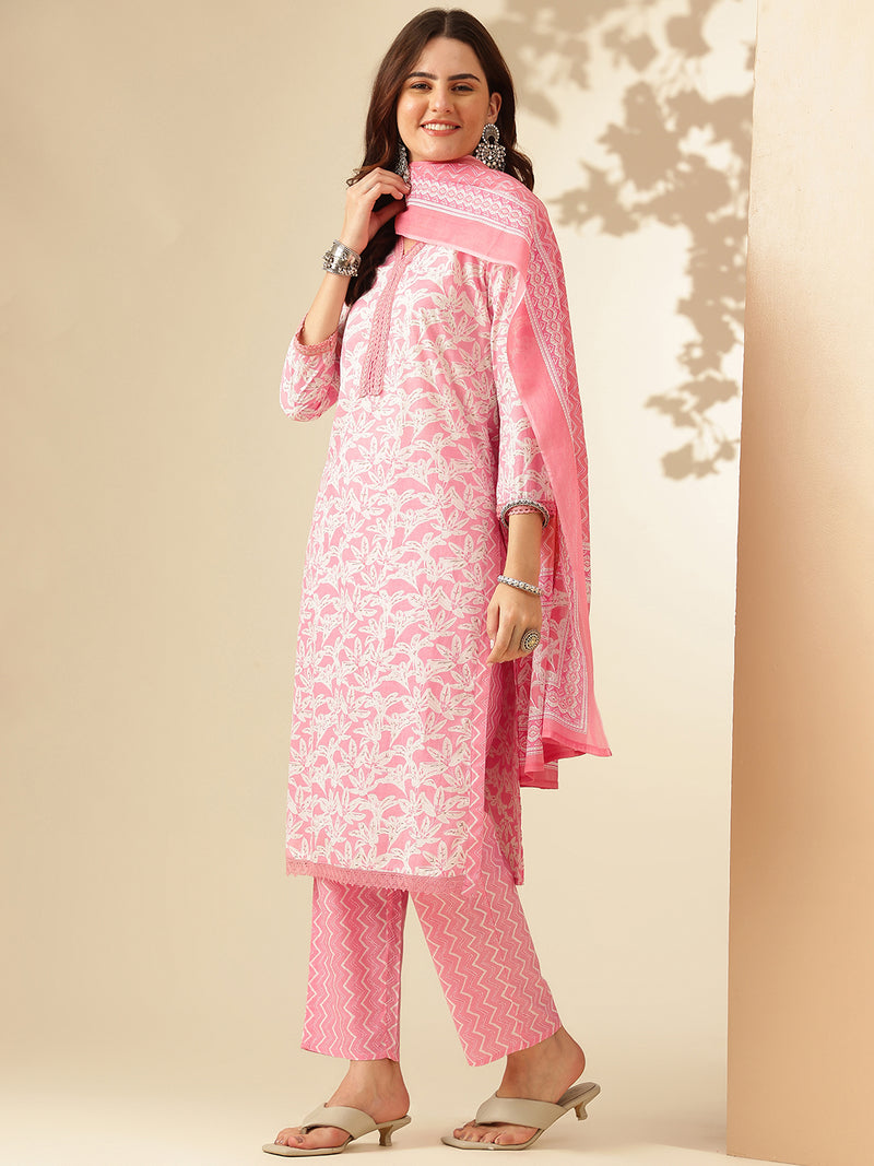 EthniFlair Floral Printed Thread Work Kurta with Trousers & Dupatta