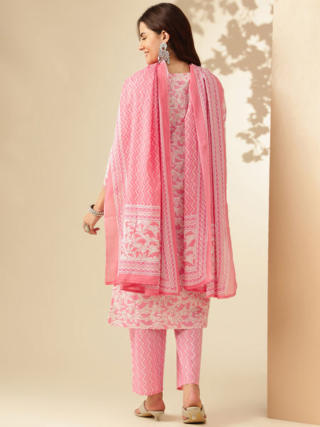 EthniFlair Floral Printed Thread Work Kurta with Trousers & Dupatta