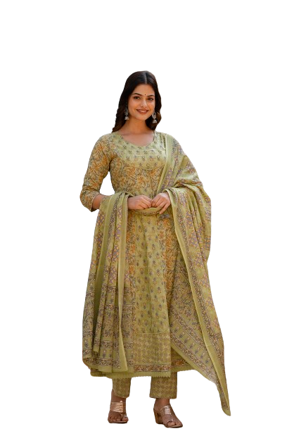 EthniFlair Floral Printed Panelled Aari Work Kurta with Pyjamas & Dupatta