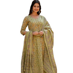 EthniFlair Floral Printed Panelled Aari Work Kurta with Pyjamas & Dupatta