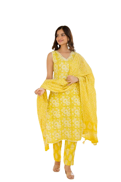 EthniFlair Floral Printed Aari Work Kurta with Trousers & Dupatta