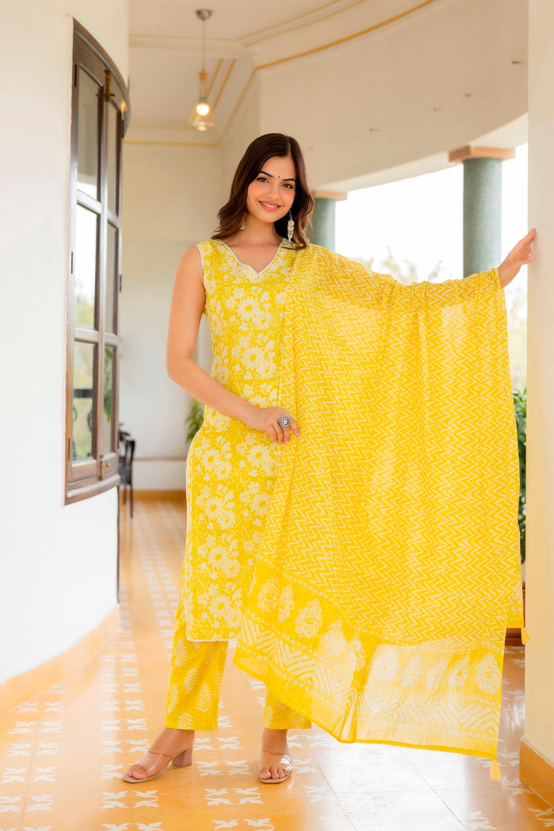 EthniFlair Floral Printed Aari Work Kurta with Trousers & Dupatta