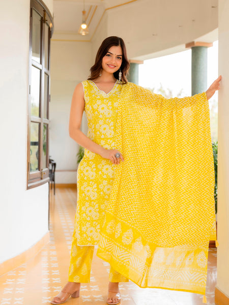 EthniFlair Floral Printed Aari Work Kurta with Trousers & Dupatta