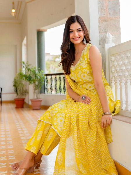 EthniFlair Floral Printed Aari Work Kurta with Trousers & Dupatta