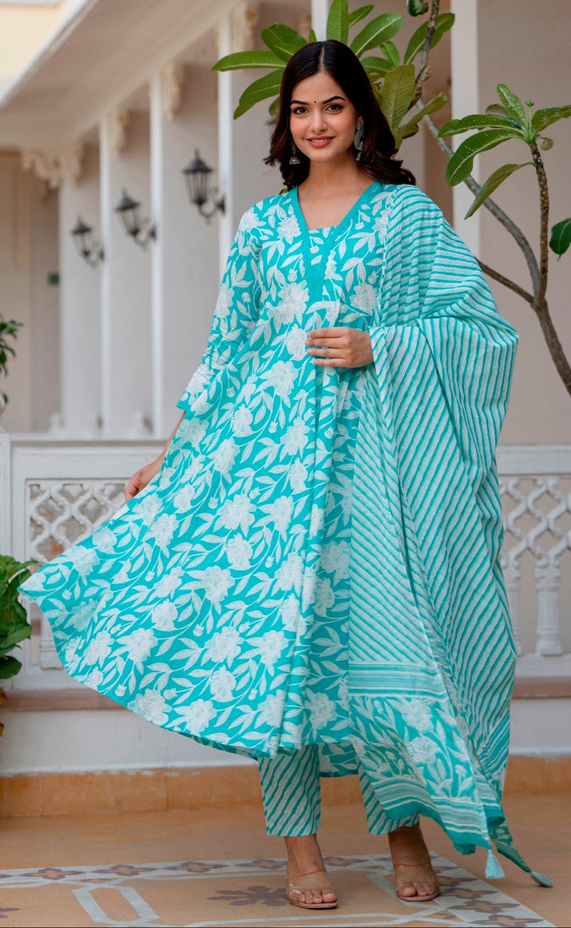 EthniFlair Floral Printed Aari Work Kurta with Trousers & Dupatta