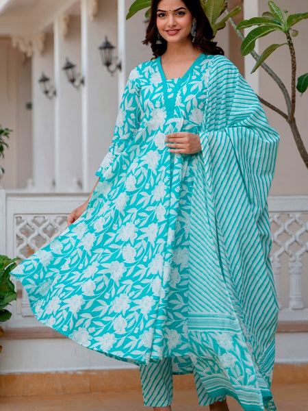 EthniFlair Floral Printed Aari Work Kurta with Trousers & Dupatta