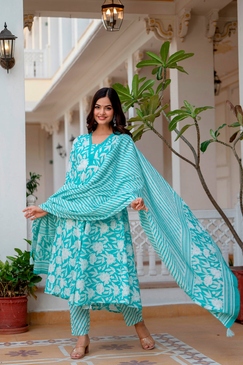 EthniFlair Floral Printed Aari Work Kurta with Trousers & Dupatta