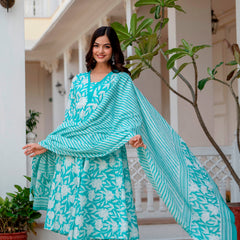 EthniFlair Floral Printed Aari Work Kurta with Trousers & Dupatta