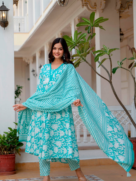 EthniFlair Floral Printed Aari Work Kurta with Trousers & Dupatta