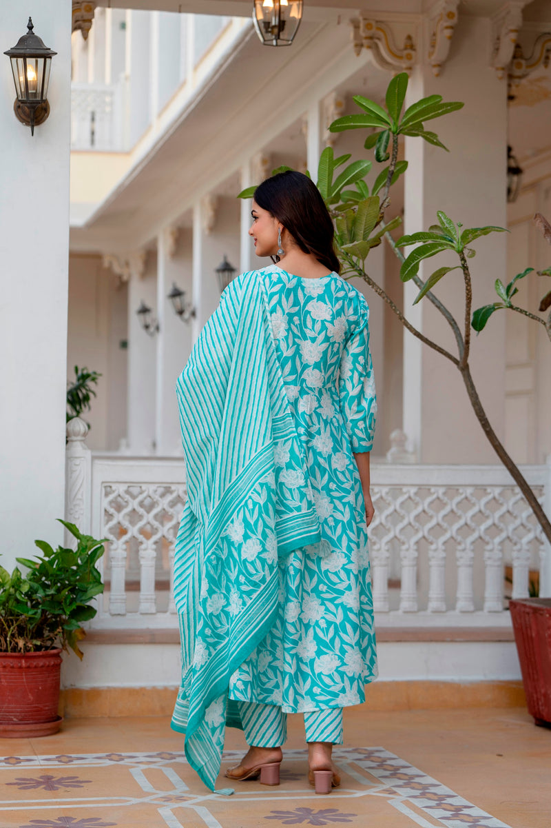 EthniFlair Floral Printed Aari Work Kurta with Trousers & Dupatta