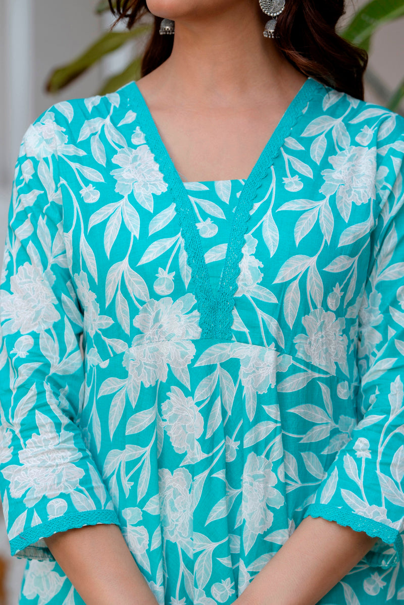 EthniFlair Floral Printed Aari Work Kurta with Trousers & Dupatta