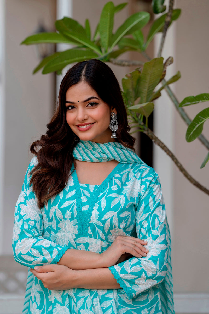 EthniFlair Floral Printed Aari Work Kurta with Trousers & Dupatta