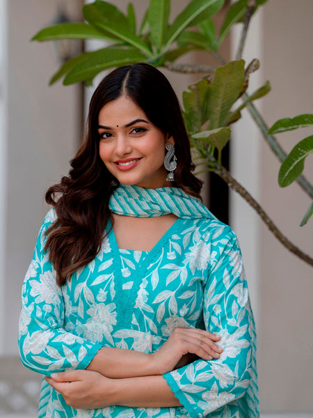 EthniFlair Floral Printed Aari Work Kurta with Trousers & Dupatta