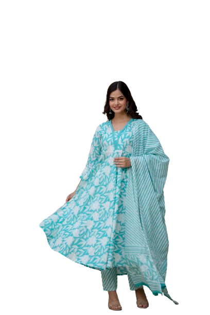 EthniFlair Floral Printed Aari Work Kurta with Trousers & Dupatta