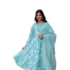 EthniFlair Floral Printed Aari Work Kurta with Trousers & Dupatta