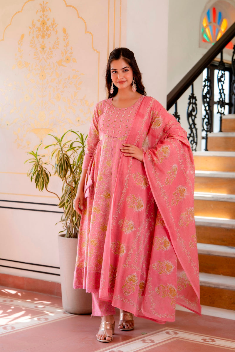 EthniFlair Floral Printed Panelled Aari Work Kurta with Trousers & Dupatta