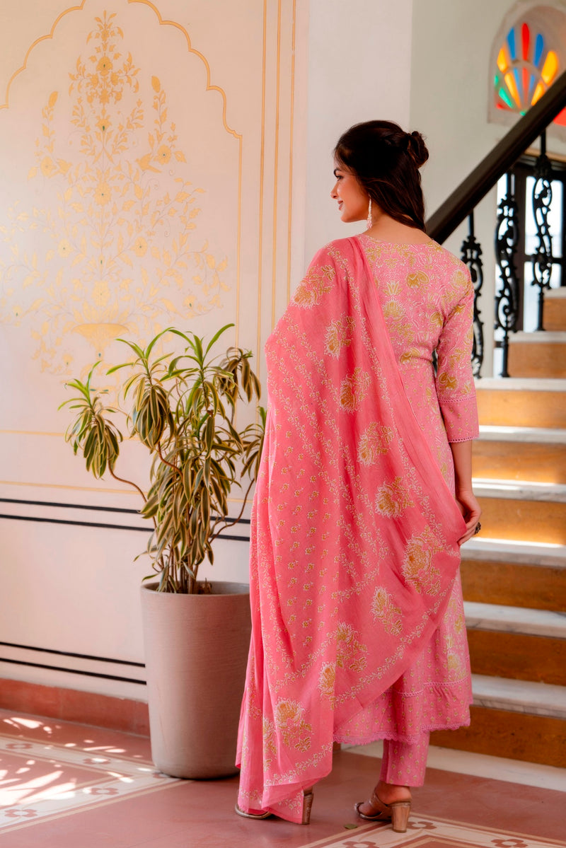 EthniFlair Floral Printed Panelled Aari Work Kurta with Trousers & Dupatta