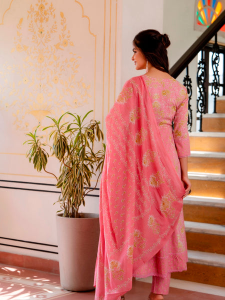 EthniFlair Floral Printed Panelled Aari Work Kurta with Trousers & Dupatta