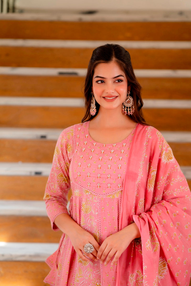 EthniFlair Floral Printed Panelled Aari Work Kurta with Trousers & Dupatta