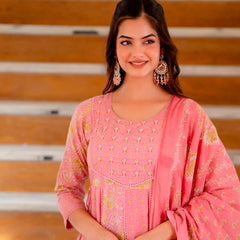 EthniFlair Floral Printed Panelled Aari Work Kurta with Trousers & Dupatta