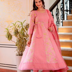 EthniFlair Floral Printed Panelled Aari Work Kurta with Trousers & Dupatta